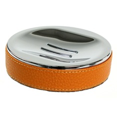 Round Soap Dish Made From Faux Leather In Orange Finish